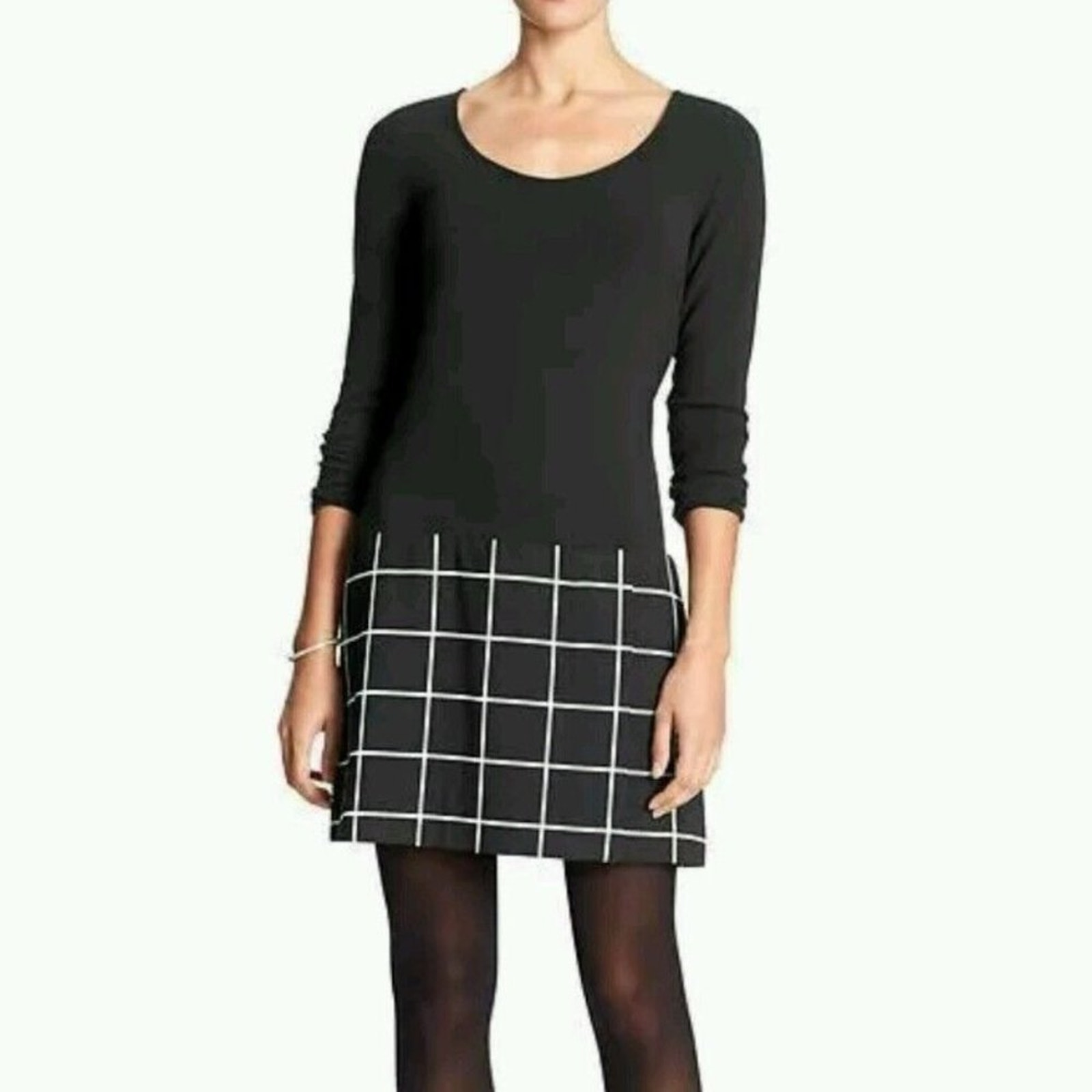 Banana Republic Black Ponte Long Sleeve Drop Waist Windowpane Dress 6 Small